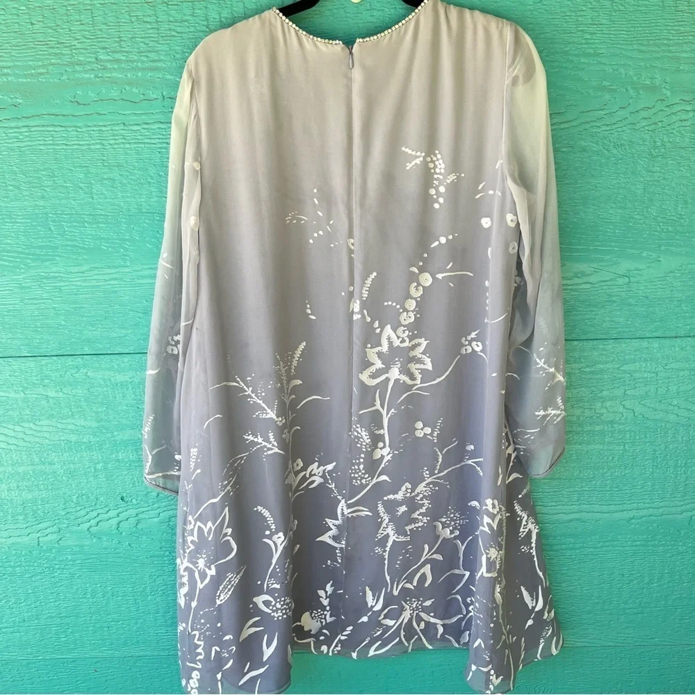 SILK VINTAGE OVERLAY OMBRÉ GRAY SILVER  PRINT DRESS SIZE 8 KAY UNGER LUXURY